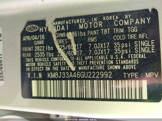 KM8J33A46GU222992 Hyundai 2016