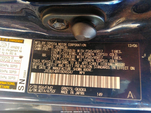 2007 Toyota 4runner Sr5 V6 მანქანა იყიდება აუქციონზე, vin: JTEBU14R978090347, აუქციონის ნომერი: 43132158