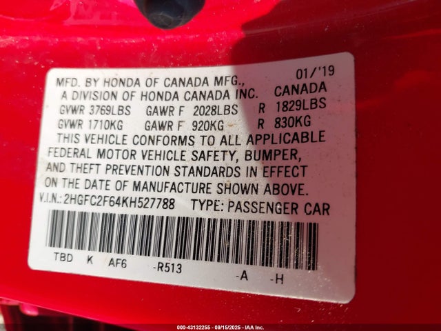2HGFC2F64KH527788 Honda k20c2
