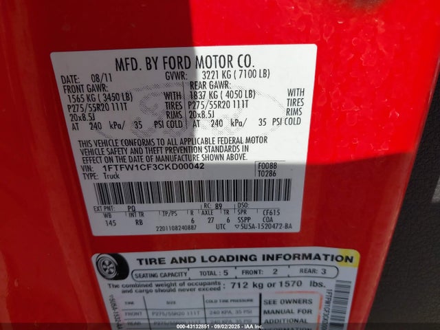 2012 Ford F-150 Fx2 მანქანა იყიდება აუქციონზე, vin: 1FTFW1CF3CKD00042, აუქციონის ნომერი: 43132851