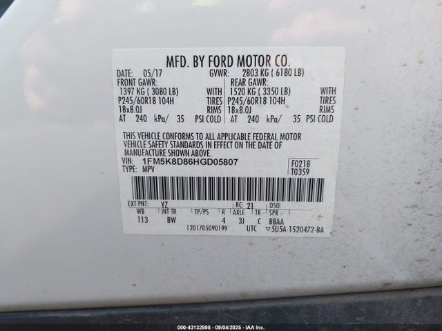 Ford EXPLORER XLT 2017 1FM5K8D86HGD05807 Image 9