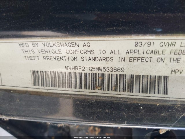 Aukcja sprzedaży 1991 Volkswagen Jetta Gl, vin: WVWRF21G5MW533669, numer aukcji: 43133158