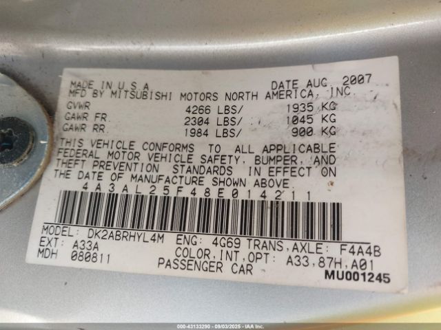 2008 MITSUBISHI ECLIPSE SPYDER 4A3AL25F48E014211 Photo 8