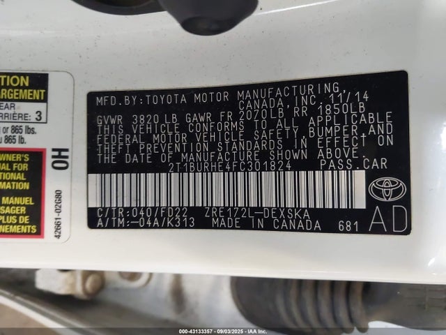 Toyota 2zr-fe 2015 2T1BURHE4FC301824 Image 9
