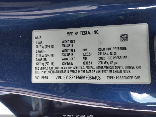 2021 TESLA MODEL 3 5YJ3E1EA6MF985403 Photo 8