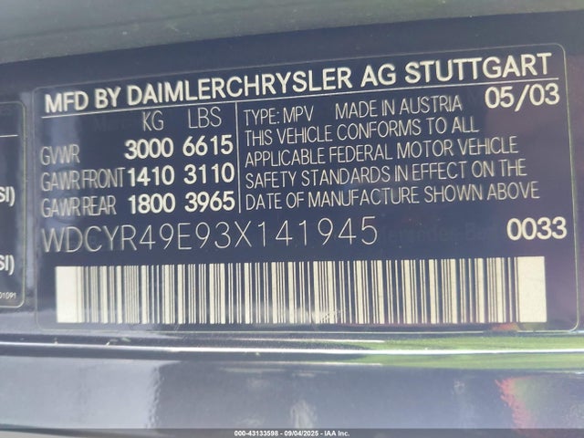 43133598 :رقم المزاد ، WDCYR49E93X141945 vin ، 2003 Mercedes-benz G 500 مزاد بيع