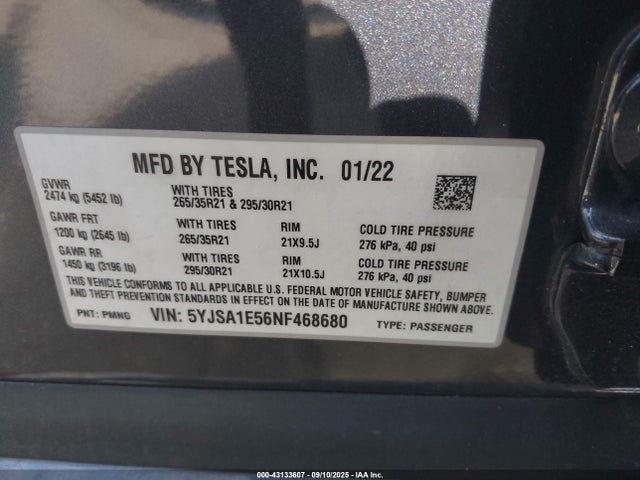 2022 TESLA MODEL S 5YJSA1E56NF468680 Photo 8