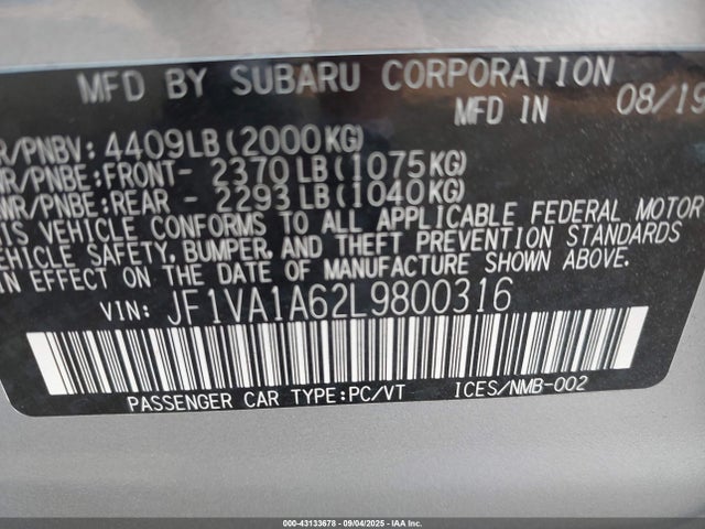 JF1VA1A62L9800316 Subaru dib