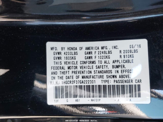 1HGCR2F37GA222301 Honda k24w1