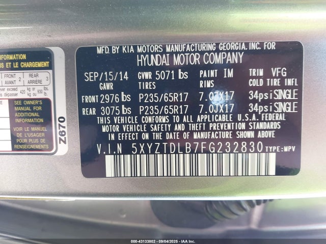 5XYZTDLB7FG232830 Hyundai dohc gdi theta ii