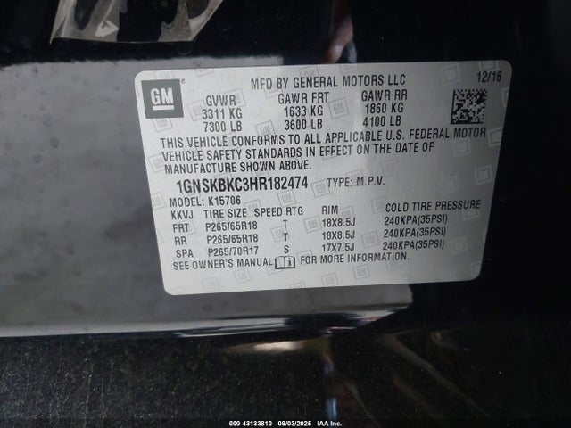 1GNSKBKC3HR182474 Chevrolet l83 - sidi: spark ignited direct injection, vvt: variable valve timing, afm, e85 max, alum
