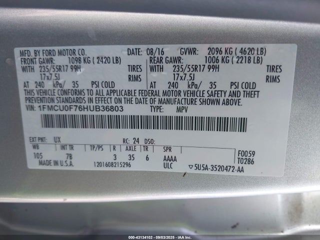 Ford 2.5l i-vct 2017 1FMCU0F76HUB36803 Image 9