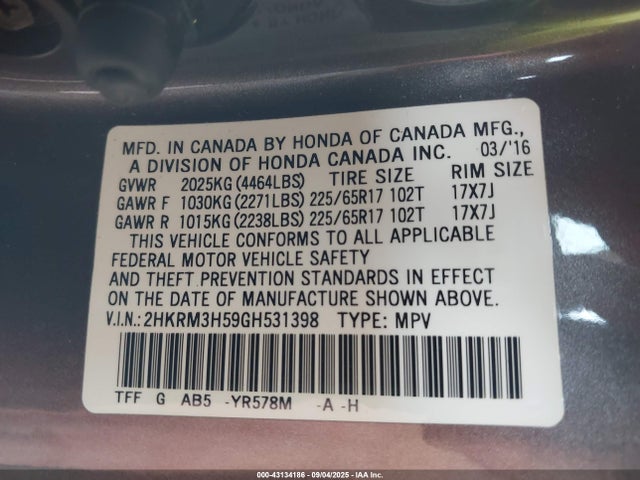 2HKRM3H59GH531398 Honda k24w9/k24v1