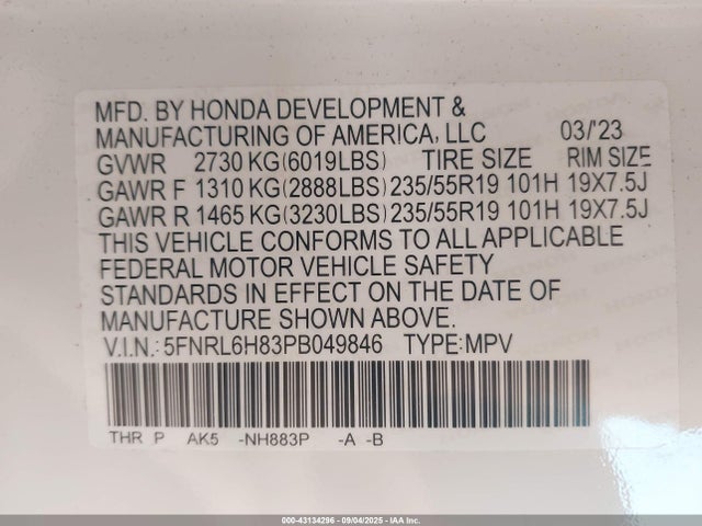 Honda j35y7 2023 5FNRL6H83PB049846 Image 9