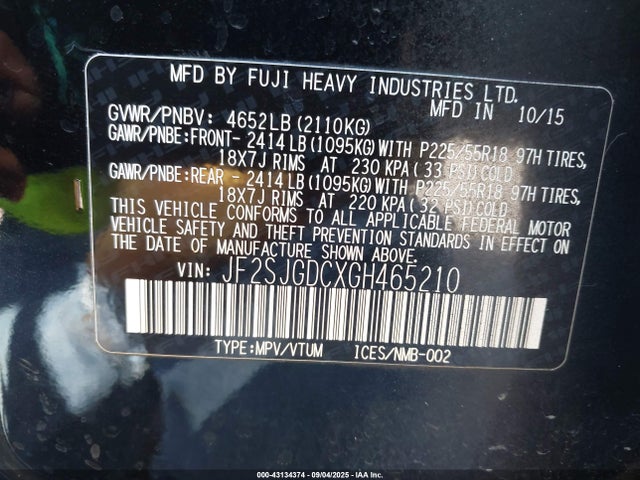 Subaru turbo u4 2016 JF2SJGDCXGH465210 Image 9