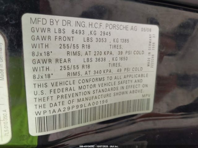 2009 PORSCHE CAYENNE WP1AA29P99LA00196 Photo 8