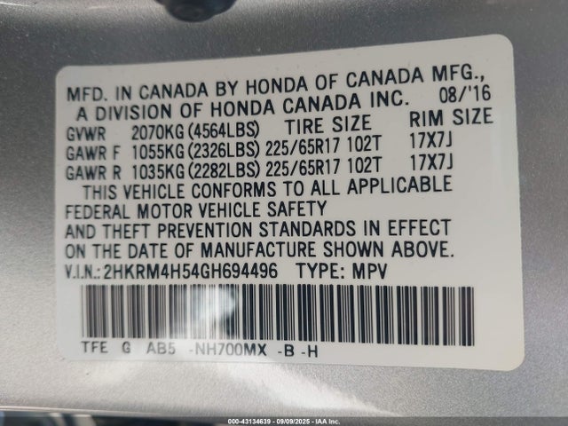 Honda k24w9 2016 2HKRM4H54GH694496 Image 9