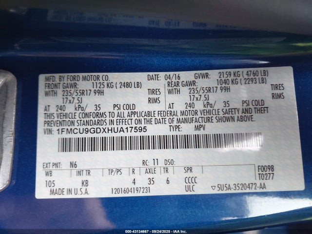 1FMCU9GDXHUA17595 Ford gtdi sigma w/premium fuel