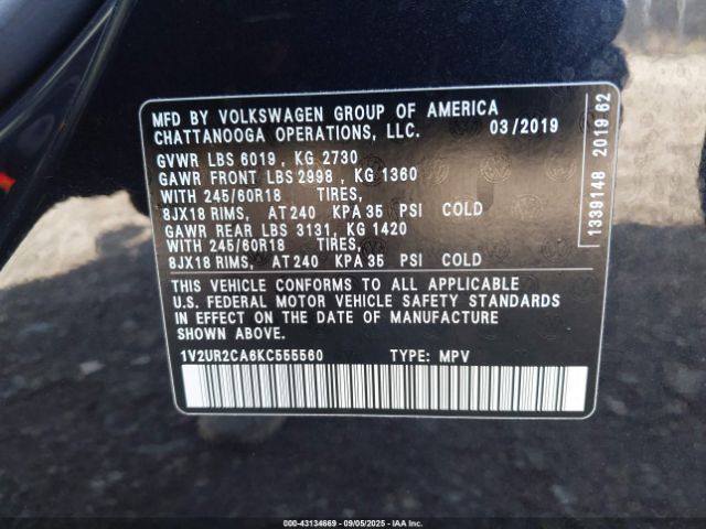 2019 VOLKSWAGEN ATLAS 1V2UR2CA6KC555560 Photo 8