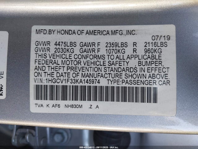 Продажа на аукционе авто 2019 Honda Accord Sport, vin: 1HGCV1F33KA145974, номер лота: 43134813