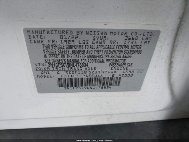 3N1CP5CV0NL478834 Nissan 2022
