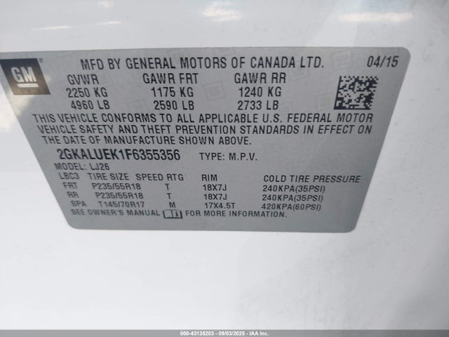 2GKALUEK1F6355356 GMC lea - flex fuel (gas/alc), aluminum, ho,
