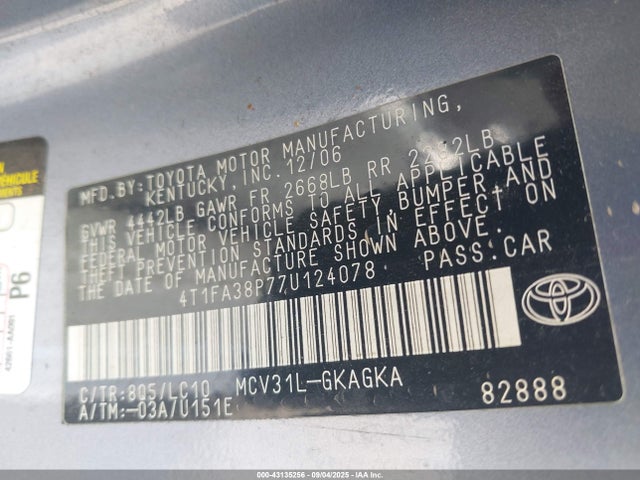 2007 Toyota Camry Solara Se/sle მანქანა იყიდება აუქციონზე, vin: 4T1FA38P77U124078, აუქციონის ნომერი: 43135256