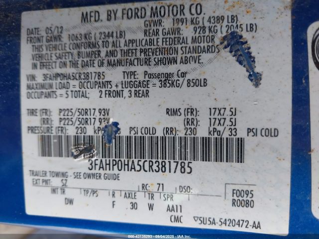 2012 FORD FUSION 3FAHP0HA5CR381785 Photo 8