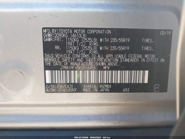 Toyota a25a-fks 2019 JTMA1RFV5KD516455 Image 9