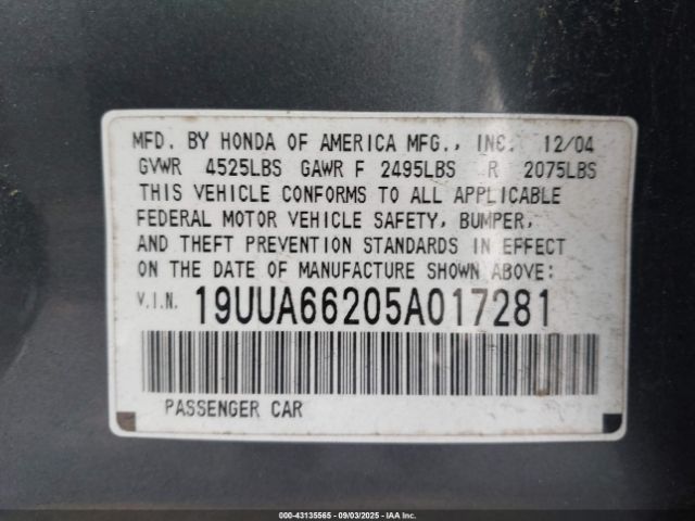 2005 ACURA TL 19UUA66205A017281 Photo 8