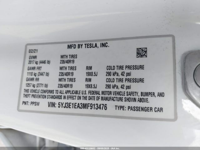 2021 TESLA MODEL 3 5YJ3E1EA3MF913476 Photo 8
