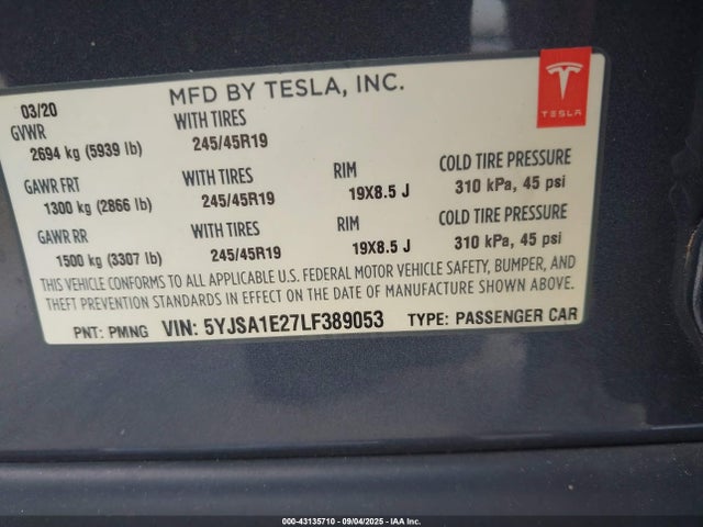 2020 TESLA MODEL S 5YJSA1E27LF389053 Photo 8