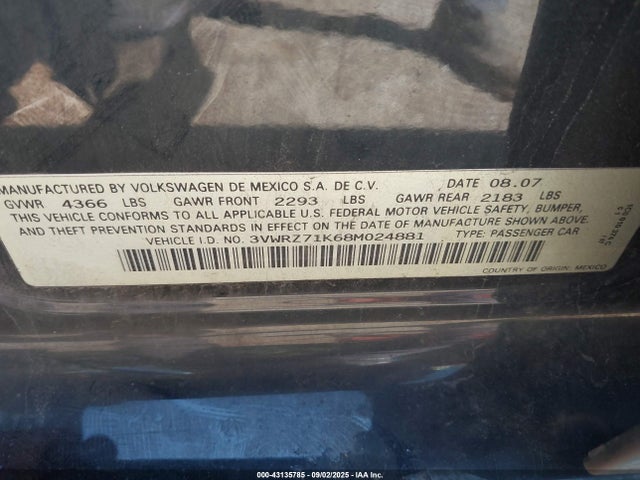 Продажа на аукционе авто 2008 Volkswagen Jetta Se/sel, vin: 3VWRZ71K68M024881, номер лота: 43135785