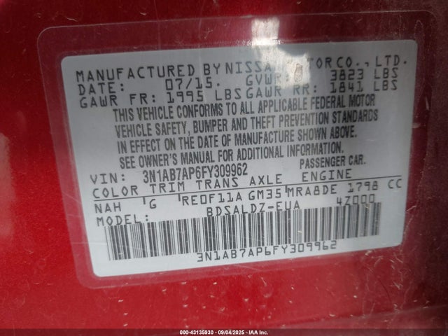 3N1AB7AP6FY309962 Nissan 2015