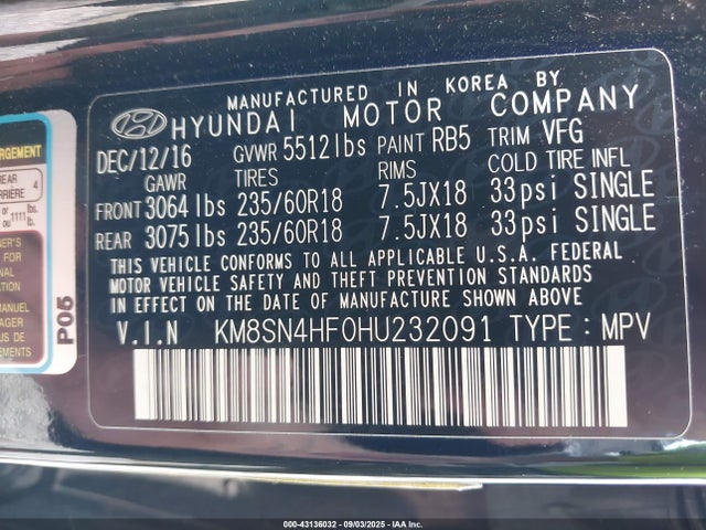 KM8SN4HF0HU232091 Hyundai gdi lambda ii