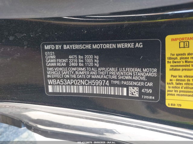 Aukcja sprzedaży 2022 Bmw 430i, vin: WBA53AP02NCH59974, numer aukcji: 43136076