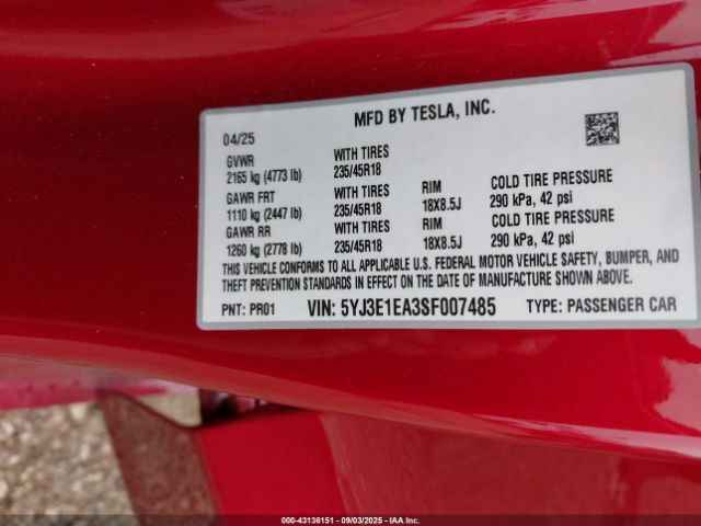 2025 TESLA MODEL 3 5YJ3E1EA3SF007485 Photo 8