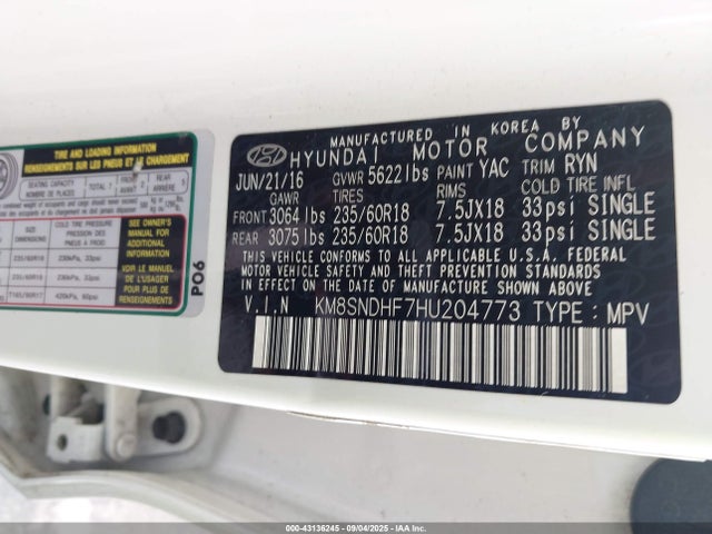 Продаж на аукціоні авто 2017 Hyundai Santa Fe Se, vin: KM8SNDHF7HU204773, номер лоту: 43136245
