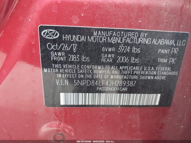 5NPD84LF4JH289387 Hyundai mpi nu