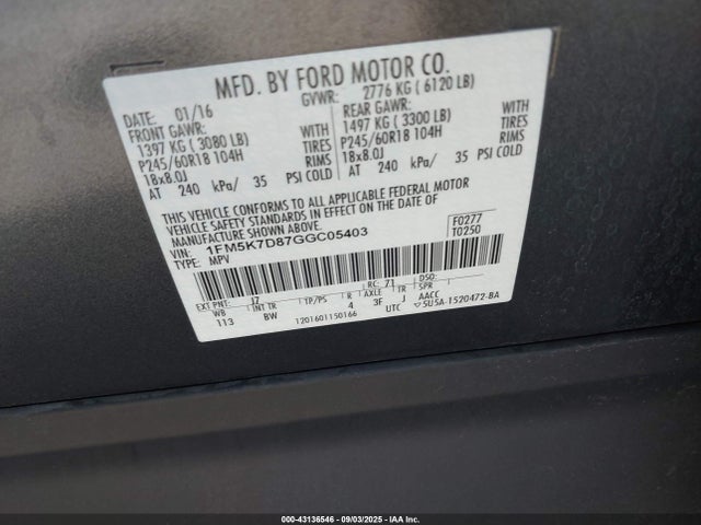Ford 2016 2016 1FM5K7D87GGC05403 Image 9