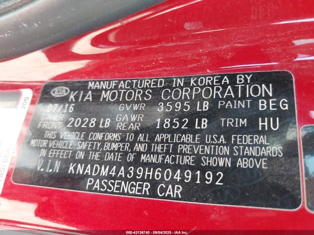 KIA Rio 2017 KNADM4A39H6049192 Image 9