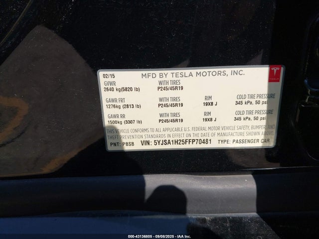 2015 TESLA MODEL S 5YJSA1H25FFP70481 Photo 8