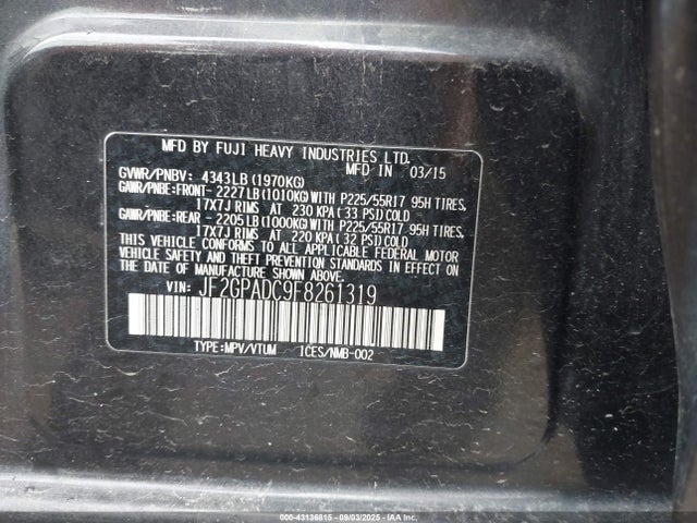 JF2GPADC9F8261319 Subaru 2.0l naturally aapirated