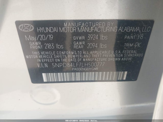 5NPD84LF7LH500777 Hyundai mpi nu