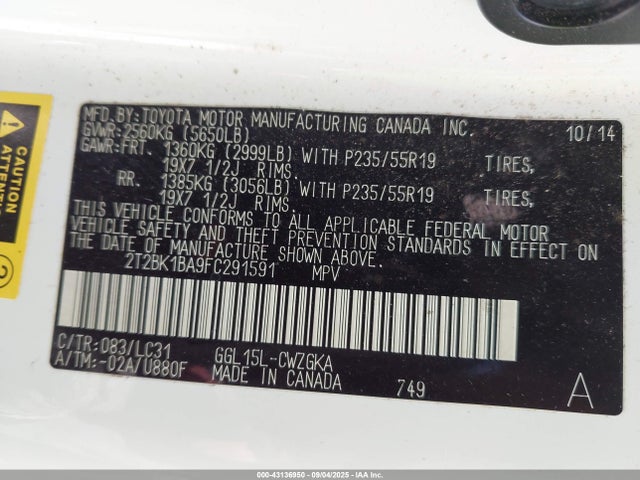 Lexus 2gr-fe 2015 2T2BK1BA9FC291591 Image 9