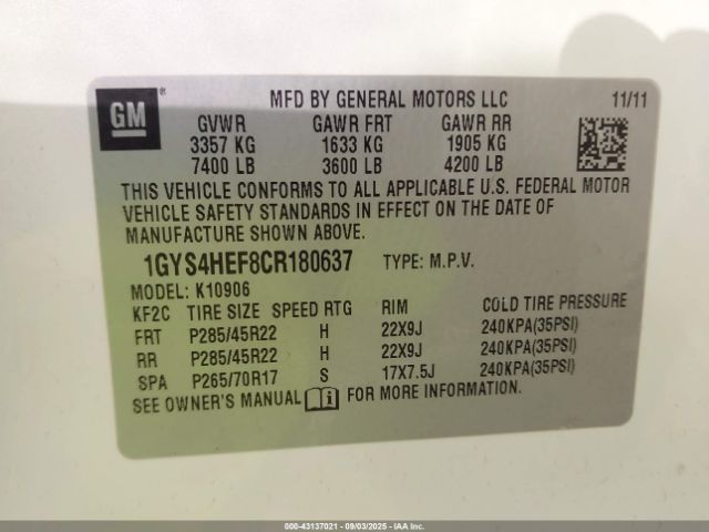 2012 CADILLAC ESCALADE ESV 1GYS4HEF8CR180637 Photo 8