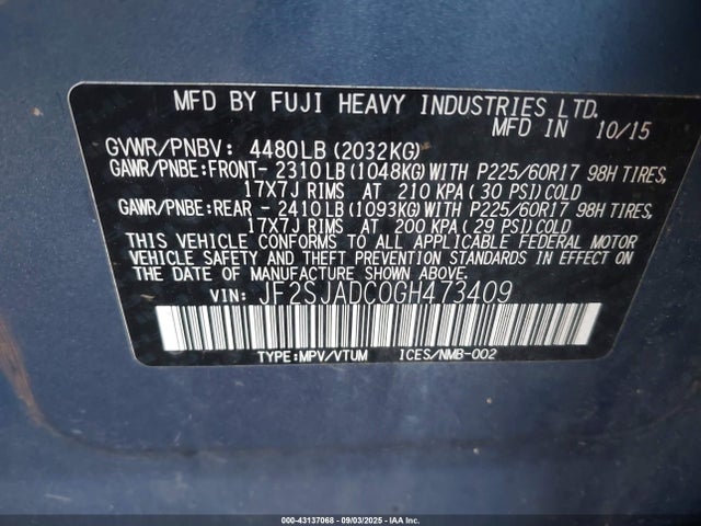 Subaru naturally aspirated u5 2016 JF2SJADC0GH473409 Image 9