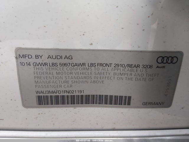 43137185 :رقم المزاد ، WAU3MAFD1FN021191 vin ، 2015 Audi A8 L 3.0 Tdi مزاد بيع