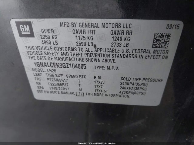1GNALCEK9GZ104605 Chevrolet lea - e85 max, aluminum