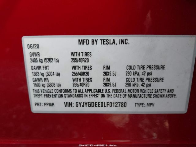 2020 TESLA MODEL Y 5YJYGDEE0LF012780 Photo 8